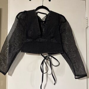 Topshop Black Sheer Sleeve Tie-Back Crop Top